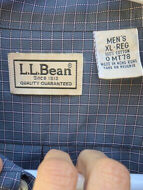 VTG 90's LL Bean Shirt Men XL Blue Grid Check Americana Hong  Kong 100% Cotton